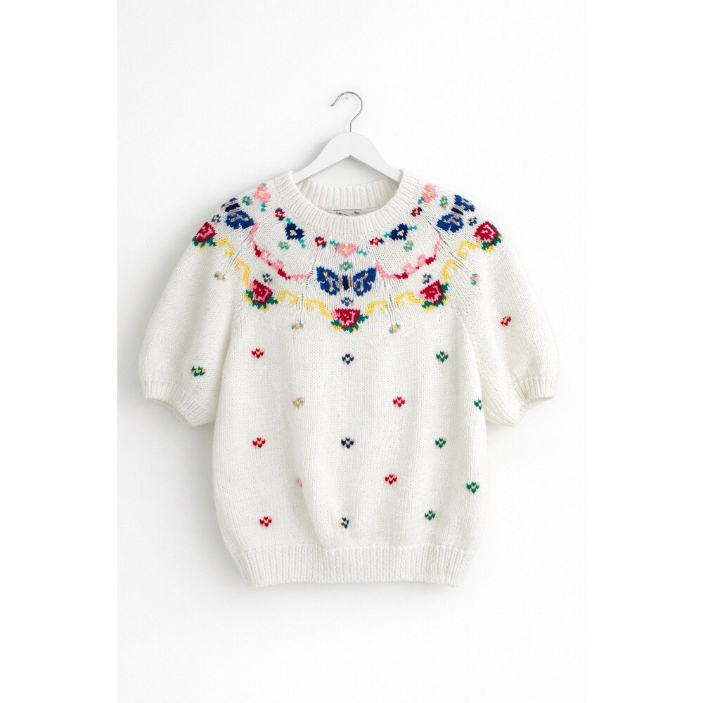 ✿ Talbots White Floral Embroidered Cotton Sweater Puff Sleeve Size L